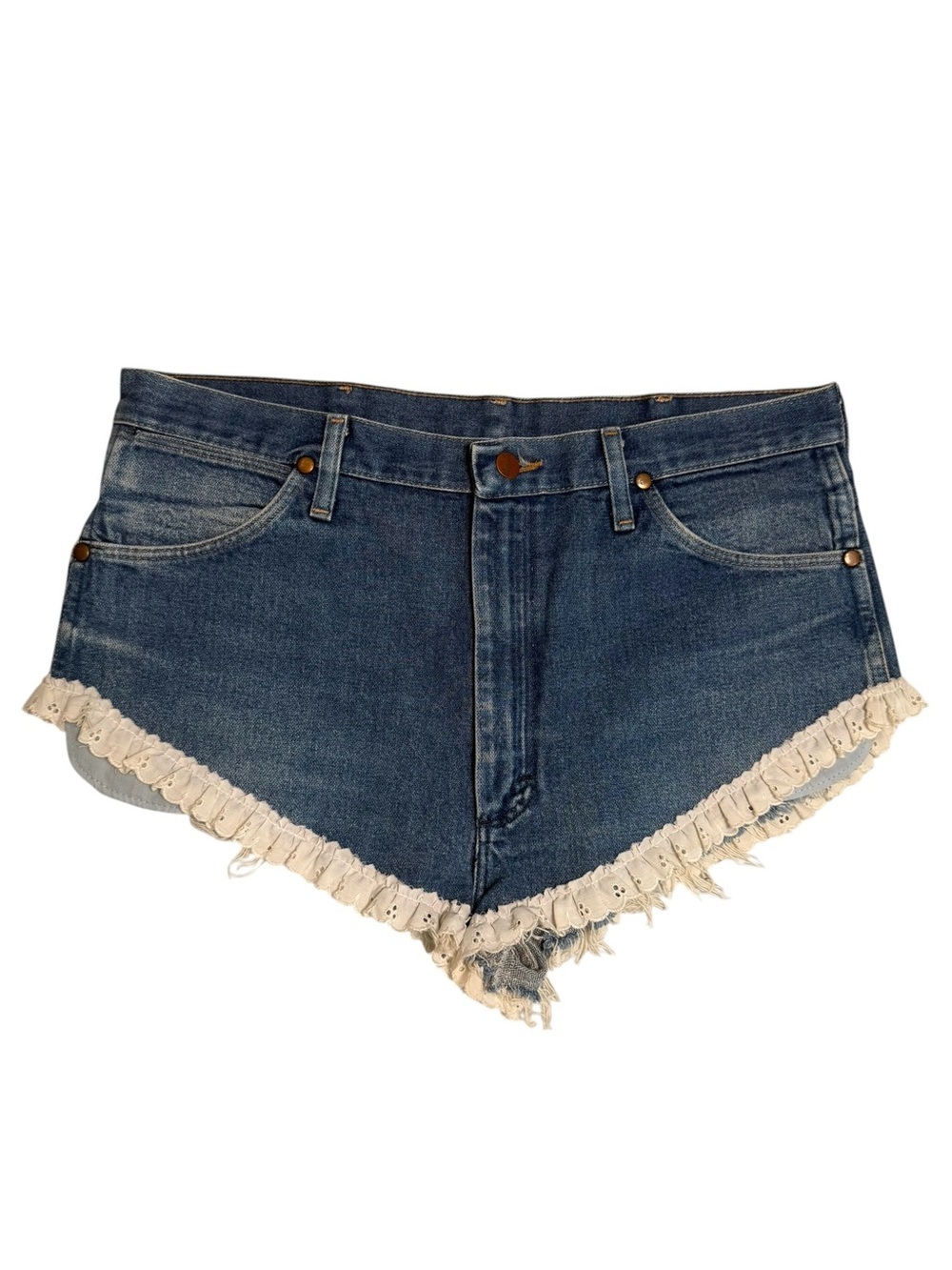 Vintage Wrangler Lace Trim Denim Cutoff Shorts Boho Coquette Festival 35 - Picture 3 of 9